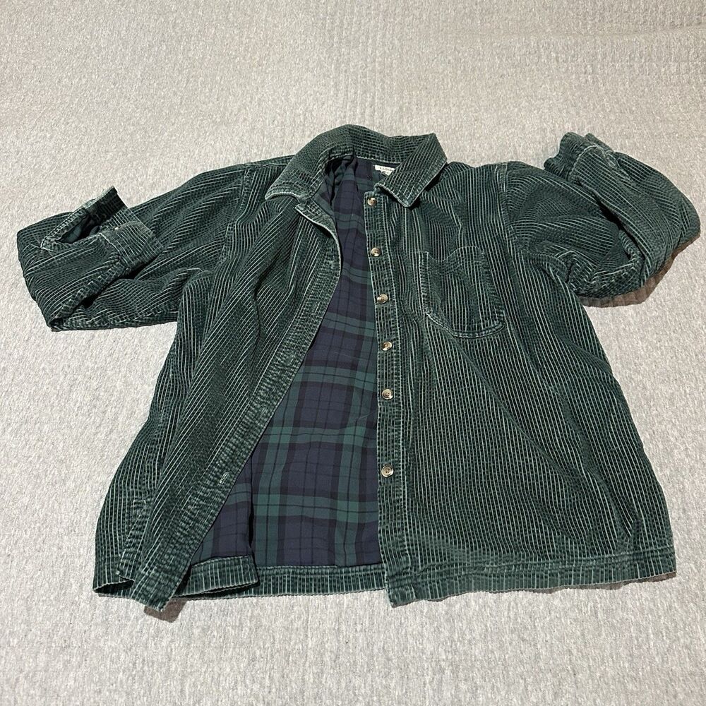 Vintage L.L.Bean XL Green Corduroy Shirt Jacket Button Front  Plaid Lining Men